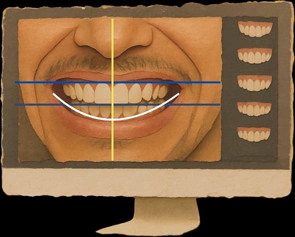 Illustrative smile-design analysis on a monitor: a smile marked with midline, smile-line and horizontal reference guides, beside a column of tooth-setup options.
