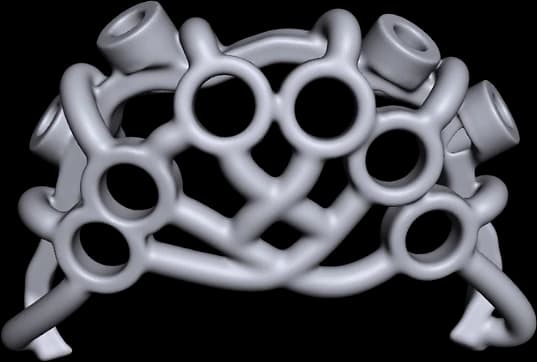 CAD mesh of a full-arch surgical guide design in a shaded model view.